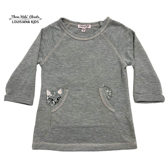 Chenault Girl 4Y Grey & Silver Sequin Cat Tunic Top - Picture 1 of 4